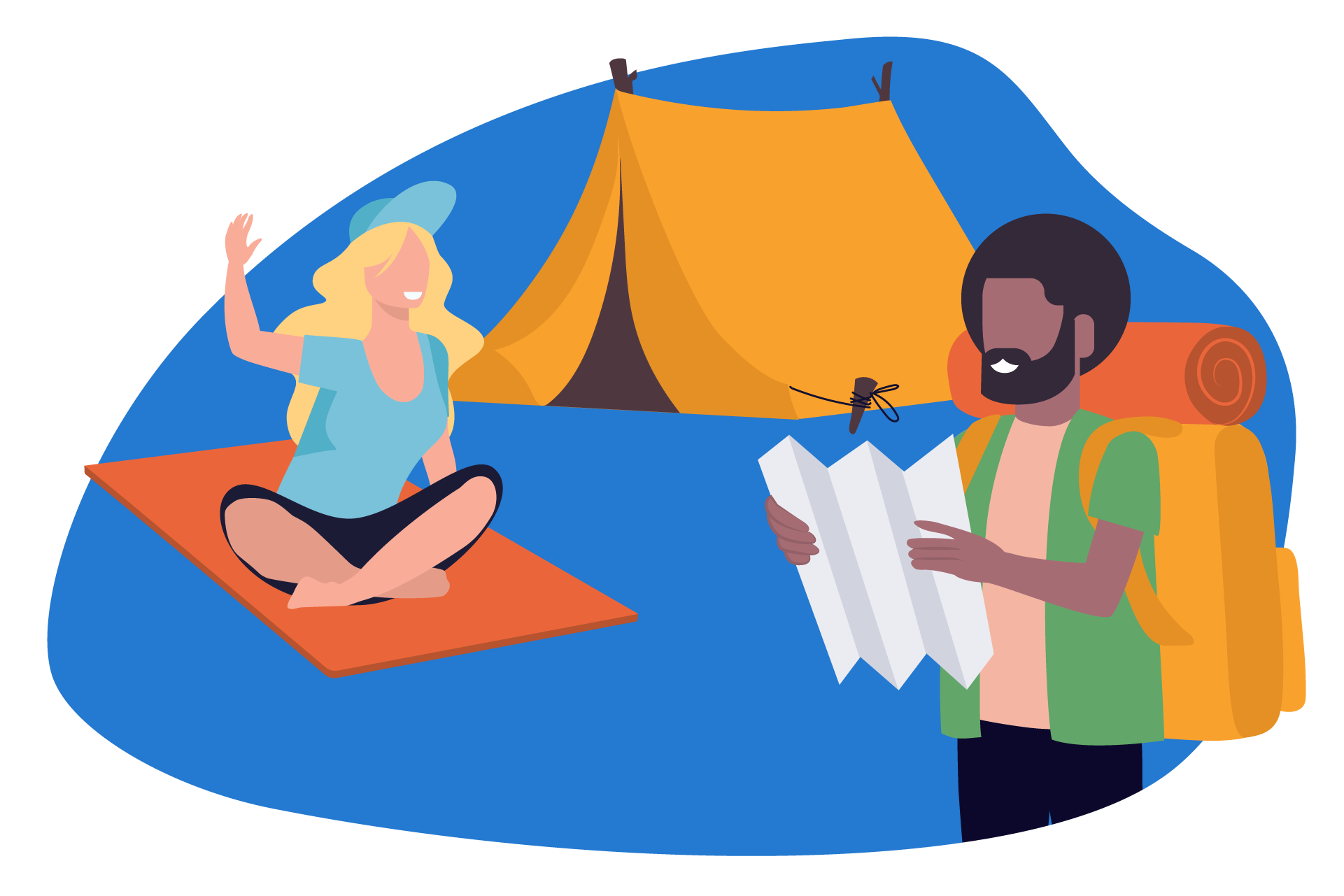 Ilustração de duas pessoas a acampar.